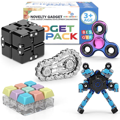 Fidget Toys Set for Adults, Sensory Pack with Fidget Spinner, Robot Spinner, Keyboard Clicker Toy, Fidget Pad, Stress Relief Desk Gadget for Office Classroom, for Boy Friend