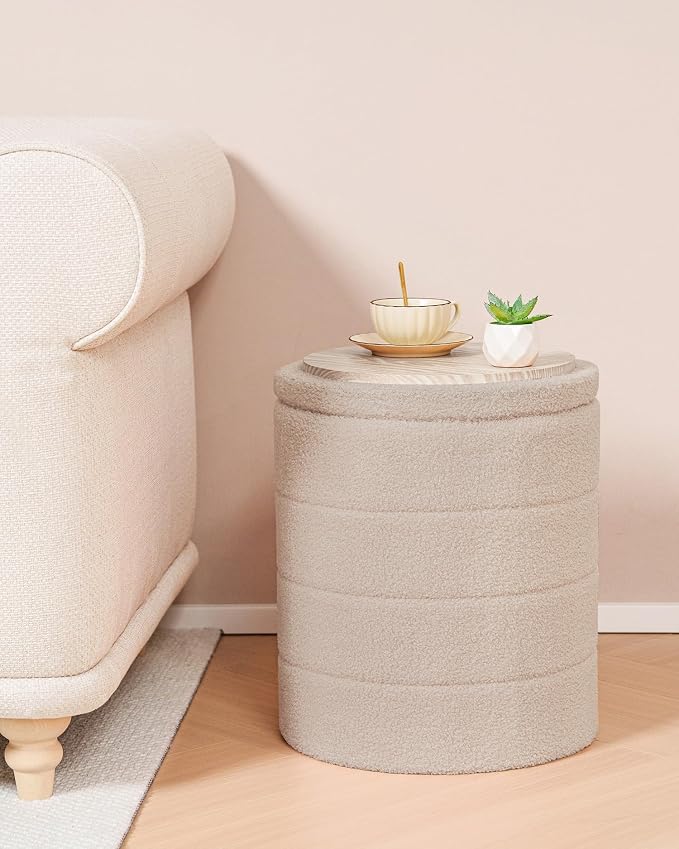 B FSOBEIIALEO Ottoman with Stroage, Round Sherpa Storage Ottoman Stool, Boucle Foot Rest 14.6"x14.6"x17.7"（Beige