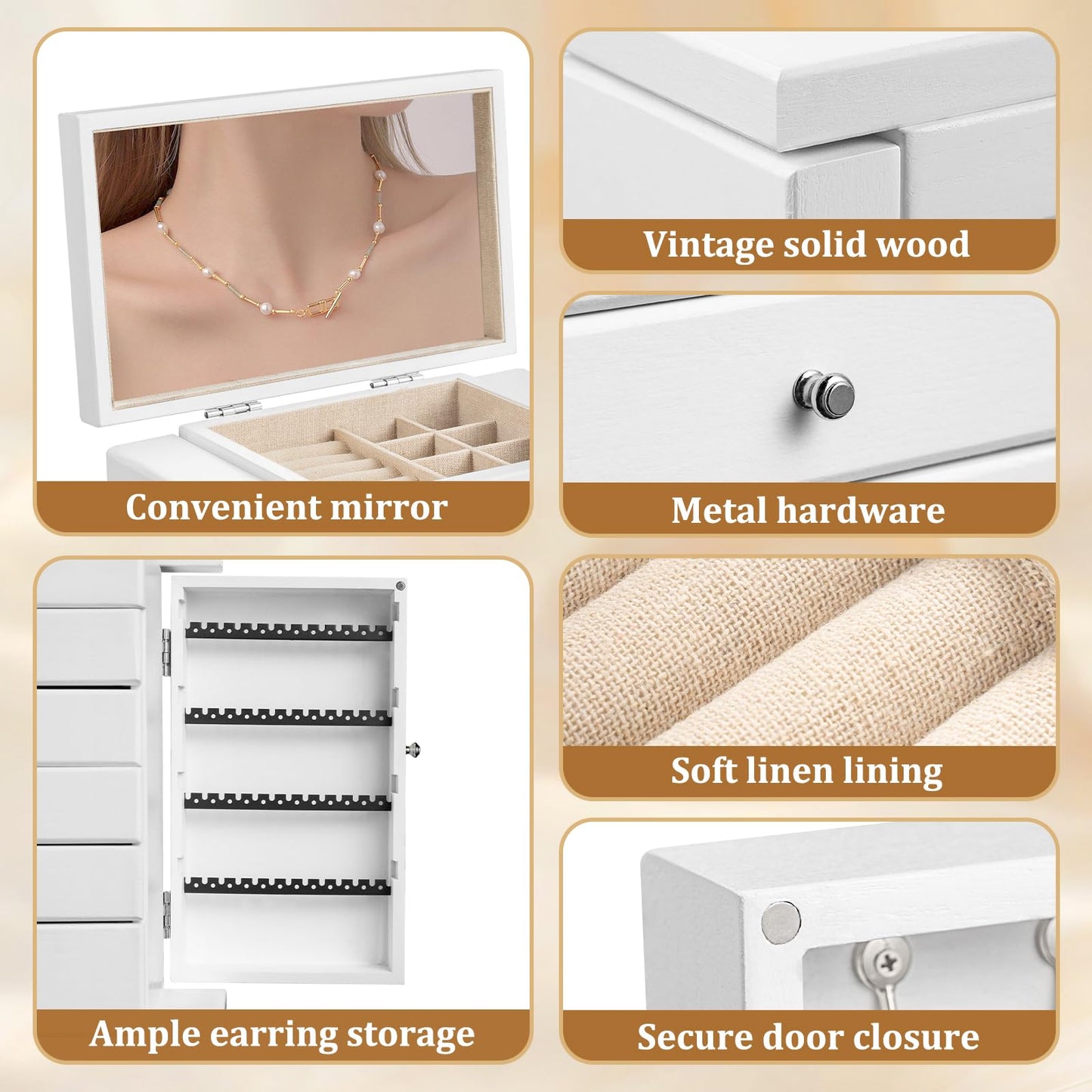 Emfogo Wooden Jewelry Box for Women, 6-Tier Large Jewelry Organizer Boxes with Mirror Rustic Solid Wood jewlery Storage for Rings Earrings Necklaces Bracelets watches(White)