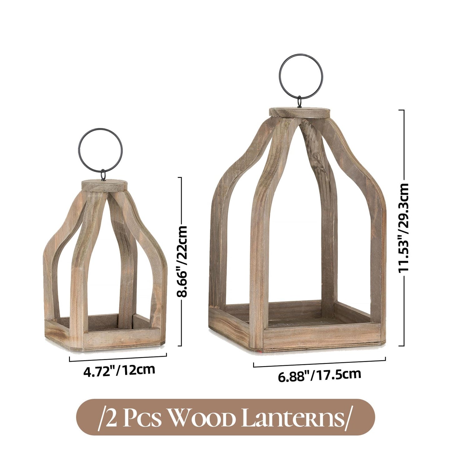 Staymoment Wood Lanterns Decorative Indoor: Farmhouse Hanging Candle Holder Set of 2 Brown Table Centerpiece Fireplace Mantle Shelf 11" & 8" Rustic Home Decor Fall Ornaments