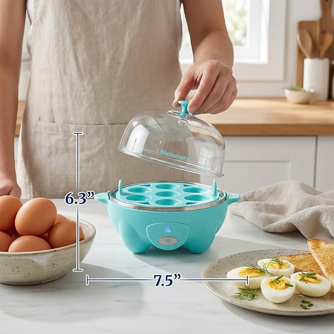 Elite Gourmet EGC-007T# Rapid Egg Cooker, 7 Easy-To-Peel, Hard, Medium, Soft Boiled Eggs, Poacher, Omelet Maker, Auto Shut-Off, Alarm, 16-Recipe Booklet, Teal