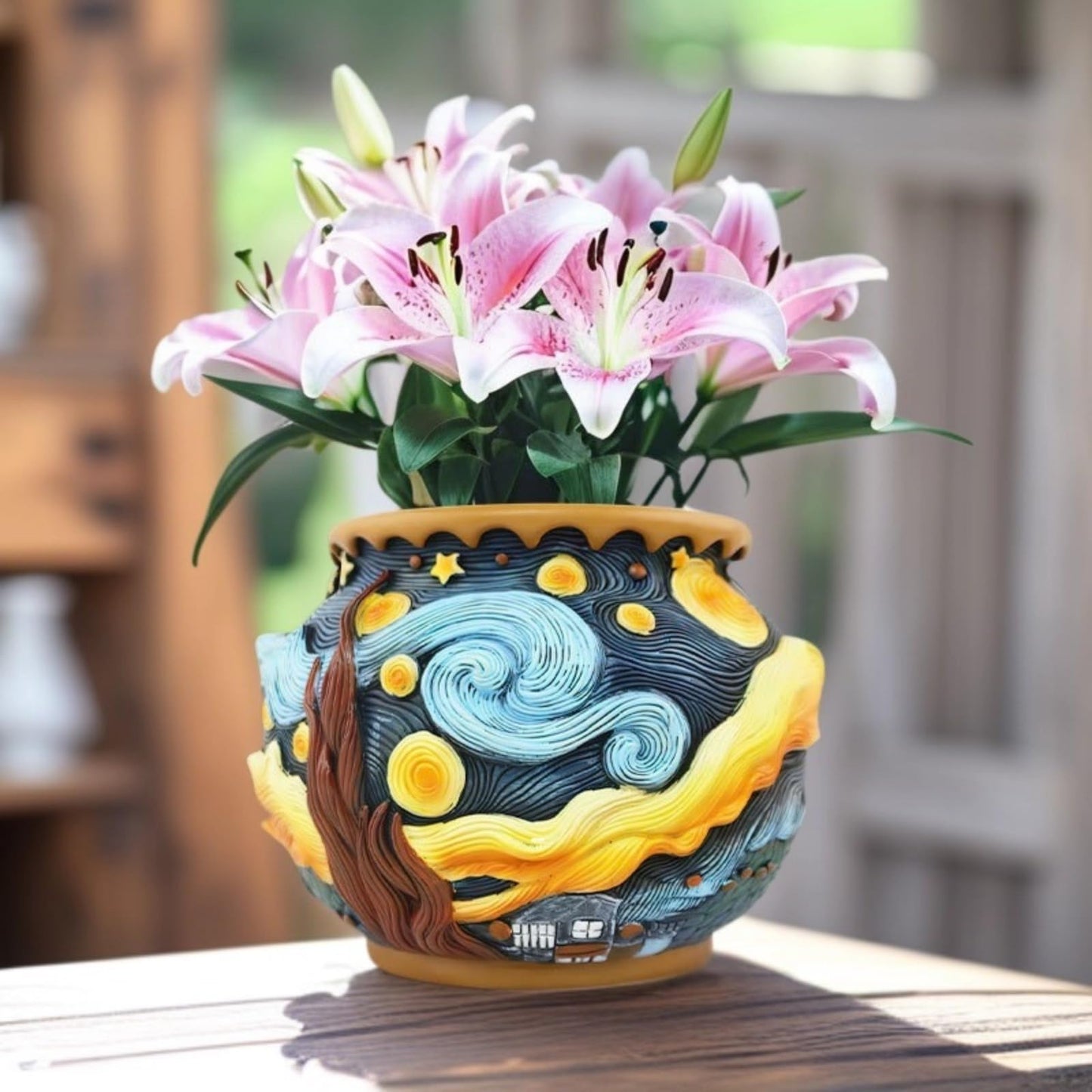 Starry Night Flower Pot – Fancy Theme Planter for Indoor & Outdoor Plants, Hand-Painted Plant Pot with Drainage Hole, Pretty Pot for Artificial or Real Plants, 6.8" Wide