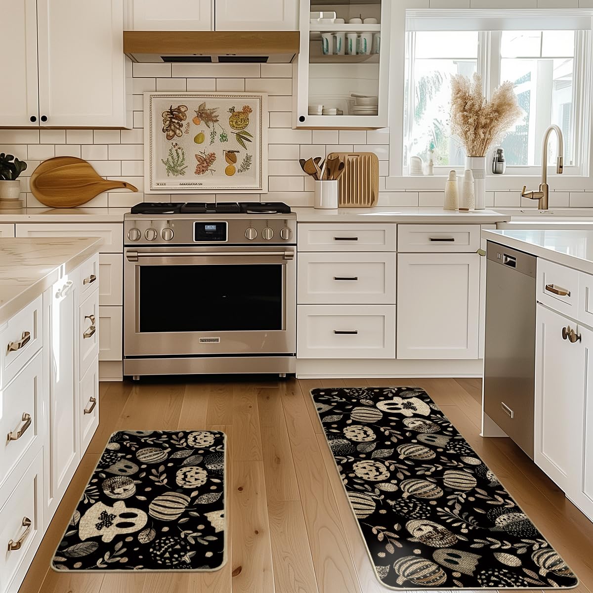 Artoid Mode Ghosts Boo Pumpkin Leave Halloween Kitchen Mats Set of 2, Low-Profile Home Decor Kitchen Rugs for Floor - 17x29 and 17x47 Inch