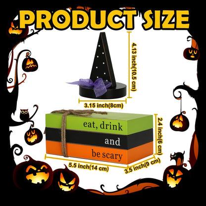 Halloween Decorations 4PCS Table Centerpieces, Cute Tabletop Halloween Decor for Tiered Tray Shelf Mantel Fire Place Office Desk Rustic Farmhouse Wood Faux Book Stack and Witch’s Hat Sign