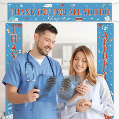 Fanfanwin 3 Pcs Thank You Nurse Doctor Banner We Appreciate Medical Decoration Thanks for All You Do Nurses Backdrop for Nursing RN Celebration Red Blue Hospital Healthcare Retirement Supplies