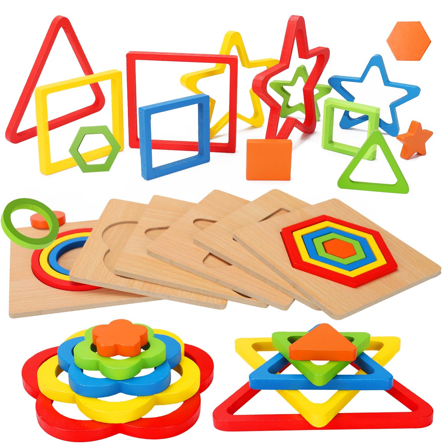 AugToy Toddler Puzzles Montessori Toy Wooden Shape Sorting Puzzle Sensory Toy Toddler Activities Preschool Learning Educational Autistic Developmental 1 2 3 Year Old Girl Boy 1-3 Dementia Game Gift