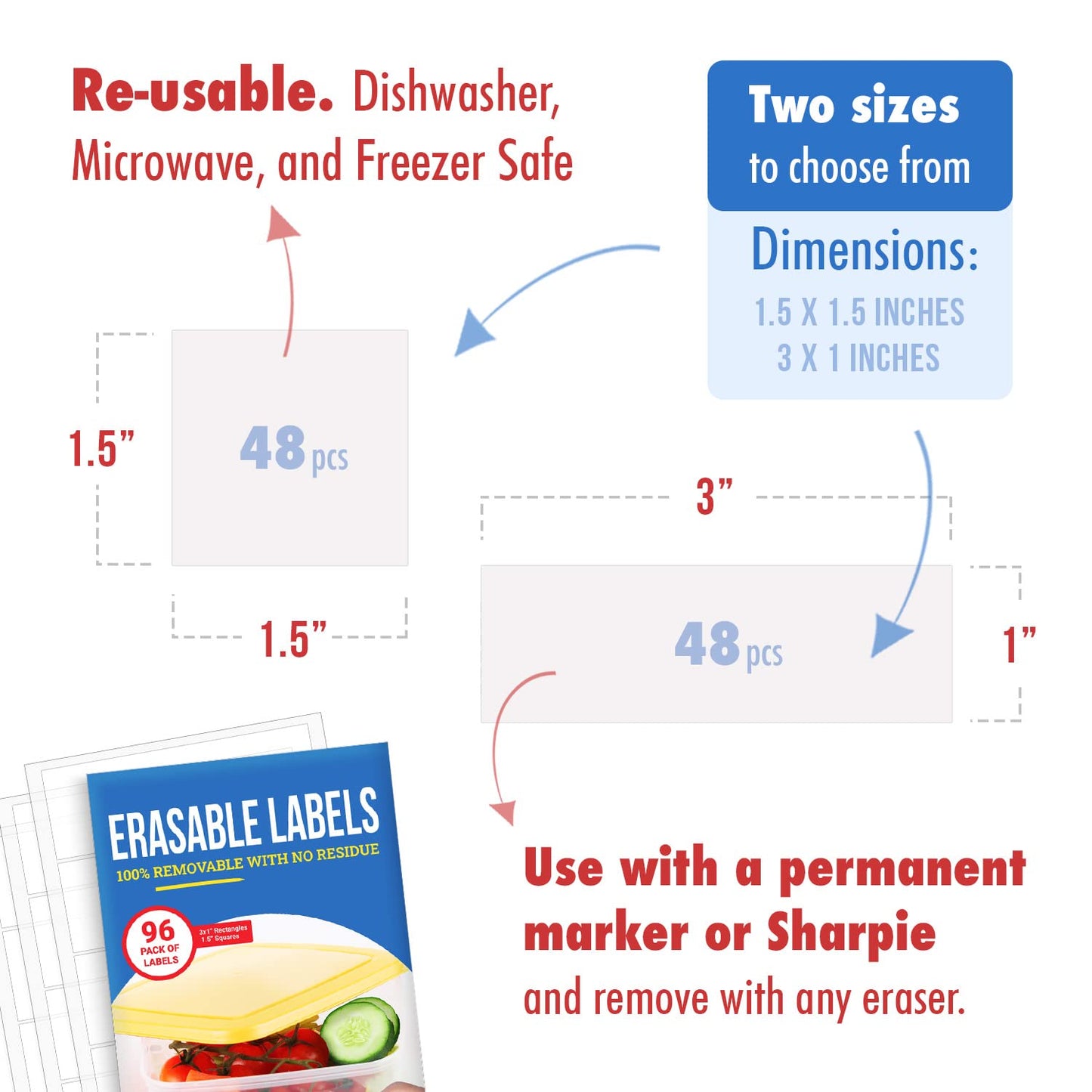 Dry Erase Stickers 96pk 1x3 & 1.5in, Reusable White Spice Jar Pantry Labels