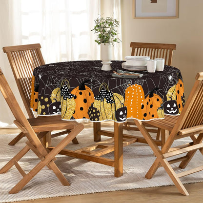 Horaldaily Halloween Tablecloth 70x70 Inch Round, Jack-O-Lantern Pumpkin Cobweb Scary Themed Black Washable Table Cover for Party Picnic Dinner Decor