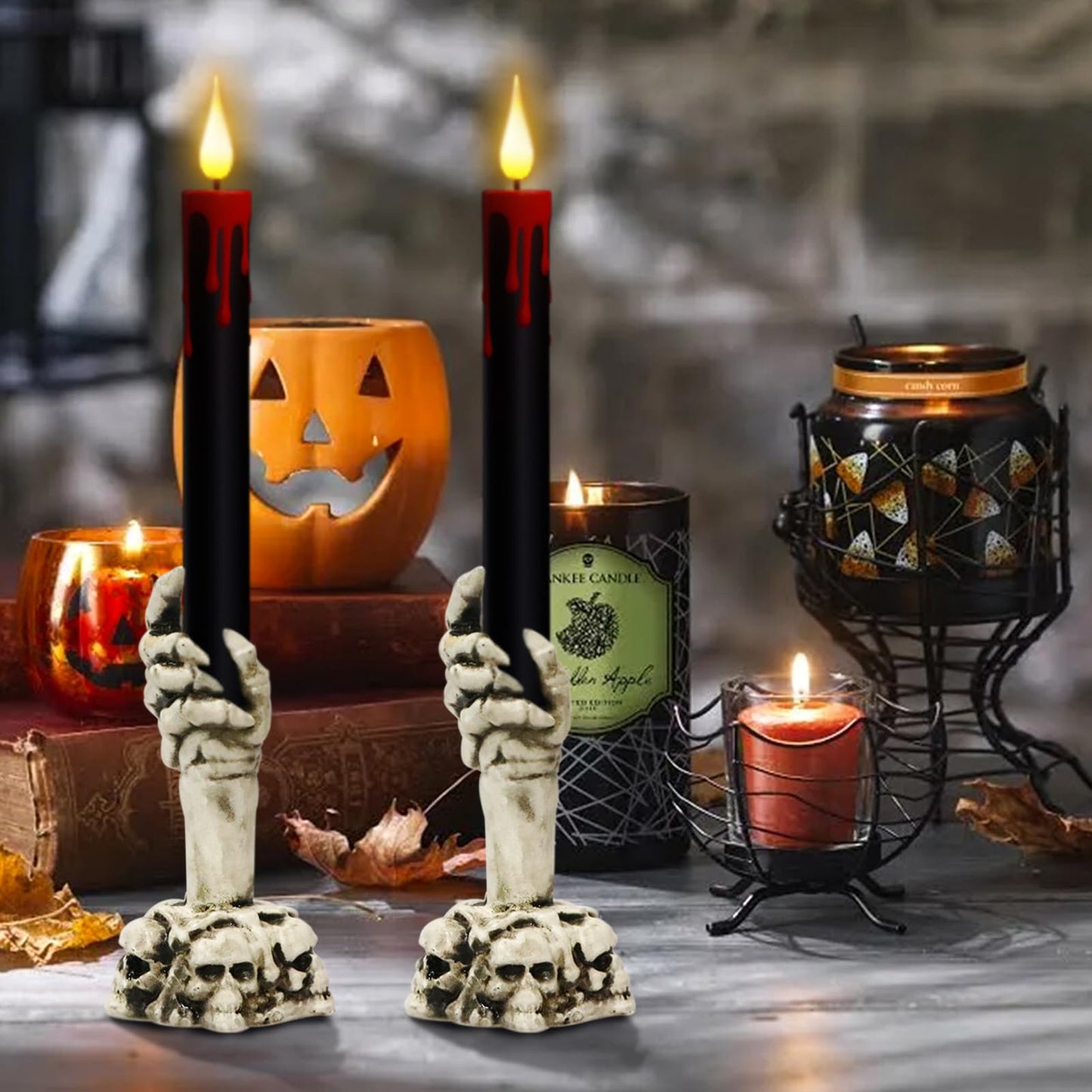 DRomance Black Flameless Taper Candles Battery Operated with Remote and Timer, Blood Dripping Wax LED Flickering Candles Skeleton Hand Holders Dinner Table Halloween Decor Lights(2 Pack, 3” x 12”)