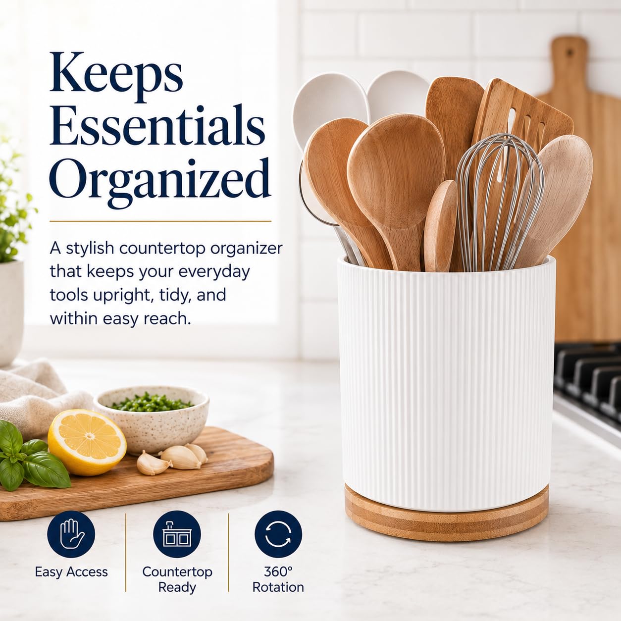 QUELIEN Utensil Holder, 360° Rotating Ceramic Kitchen Utensil Holder for Countertop, 7.7" Utensil Crock for Kitchen Counter with Rotatable Wooden Base,Ideal Housewarming Gift & Mothers Day Gift