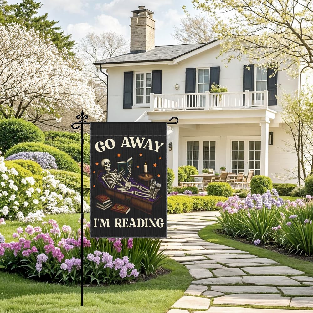 Xipromi Go Away I'm Reading Garden Flag, Funny Skeleton Spooky Halloween Flags for Outside, Porch Outdoor Fall Yard Decor for Book Lovers, Reading Gifts Librarian Gifts for Friend