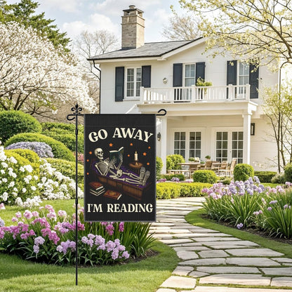Xipromi Go Away I'm Reading Garden Flag, Funny Skeleton Spooky Halloween Flags for Outside, Porch Outdoor Fall Yard Decor for Book Lovers, Reading Gifts Librarian Gifts for Friend