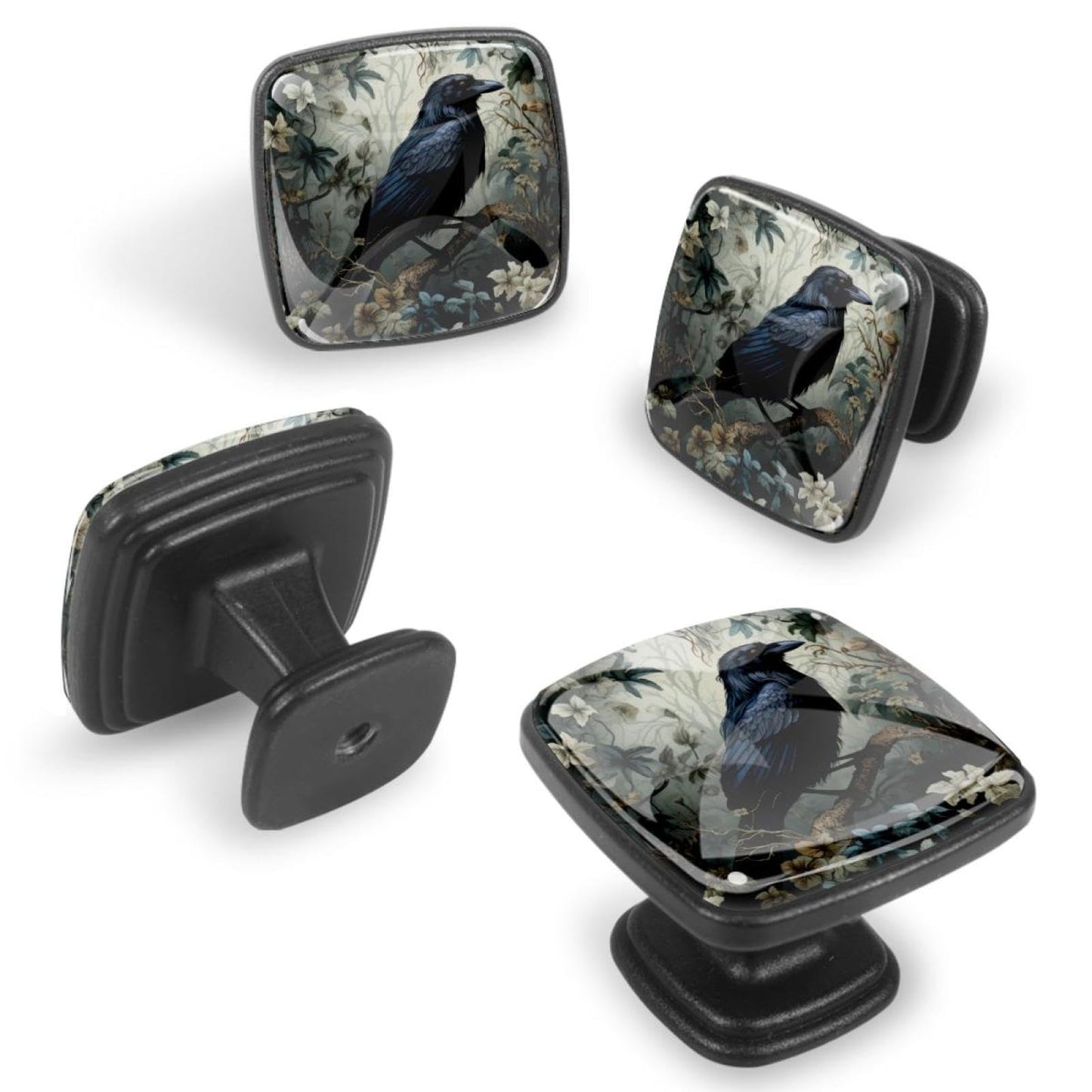 Anna Cowper 4 Pack Kitchen Cabinet Knobs Forest Raven, Black Drawer Knobs Square Knobs for Cabinets and Drawers Single Hole Cabinet Hardware Cupboard Dresser Knobs