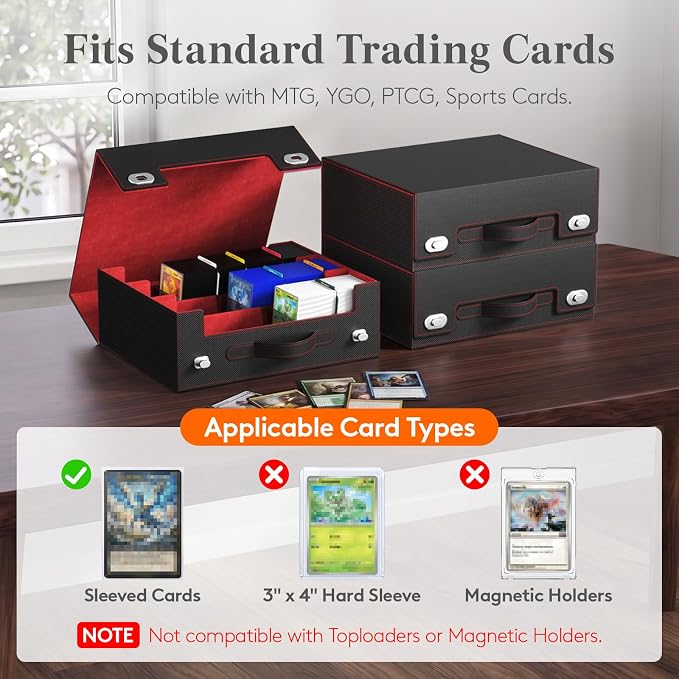 Lifewit Trading Card Storage Box with Handle, Holds Up to 1800 Sleeved Cards with 12 Adujstable Dividers & 4 Stoppers, Aluminum Closure PU Leather Case for MTG, PTCG, YGO, Sports Cards, Black& Red