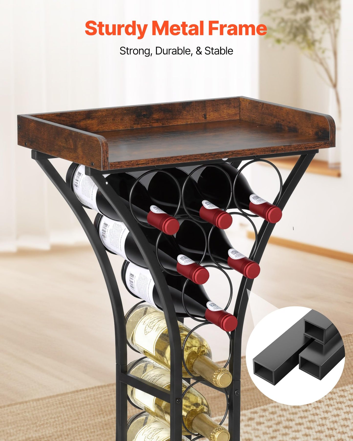 VEVOR 15 Bottle Wine Rack,Iron Freestanding Floor Wine Holder, Mini Bar Stand Liquor Cabinet with Wood Tabletop, for Home Bar,Kitchen,Living Room,Dining Room,16.9''L X 11.4''W X 35.2''H