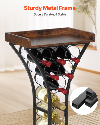 VEVOR 15 Bottle Wine Rack,Iron Freestanding Floor Wine Holder, Mini Bar Stand Liquor Cabinet with Wood Tabletop, for Home Bar,Kitchen,Living Room,Dining Room,16.9''L X 11.4''W X 35.2''H