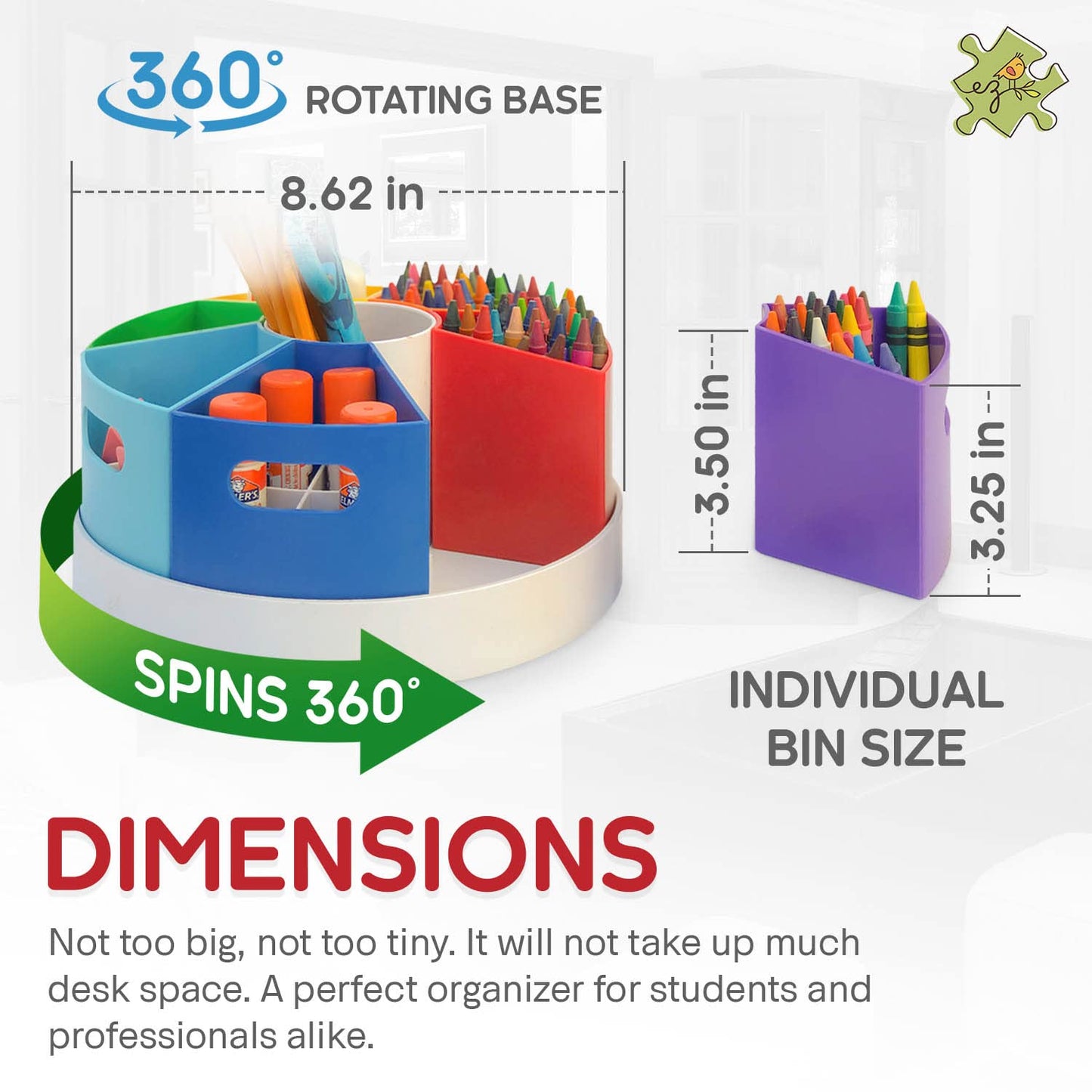 PUZZLE EZ 8.6" Desk Art Supply Organizer for Kids – Compact Rotating Lazy Susan Art Caddy with Dividers for Crayons, Markers & Pencils, Classroom Storage for Teachers Students Homeschool