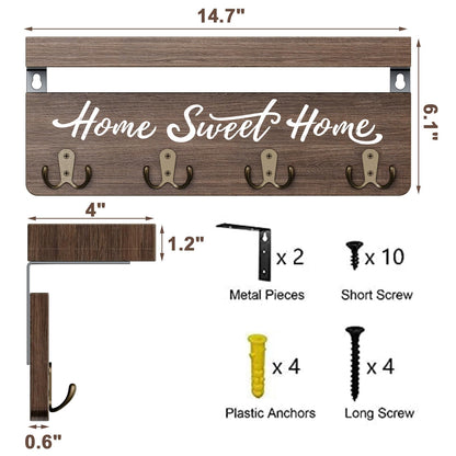 buways Wall-Mounted Key and Mail Holder, Wooden Key Rack with 4 Double Key Hooks, Rustic Home Decor for Entryway