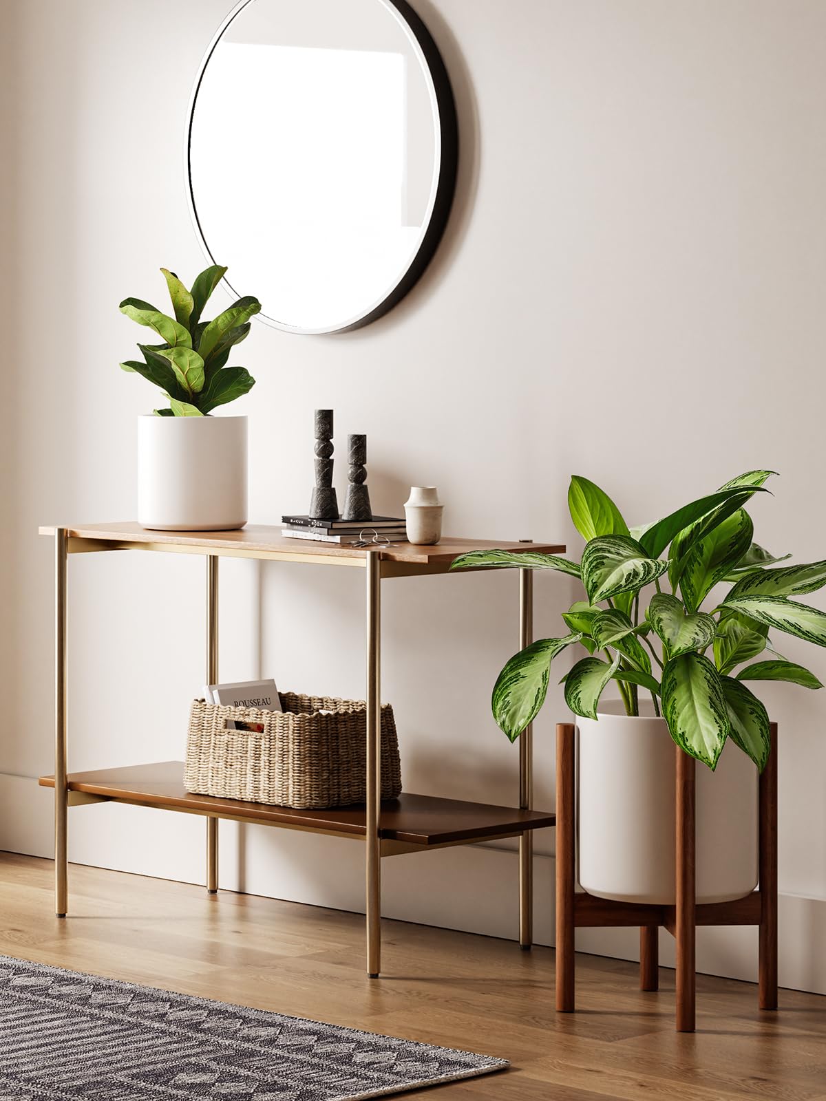 LE TAUCI 10 Inch Planter with Acacia Wood Stand, Ceramic Planter for Indoor Plants with Plant Holder, Mid-Century Modern Home Decor, Round Flower Pots with Drainage Hole, White