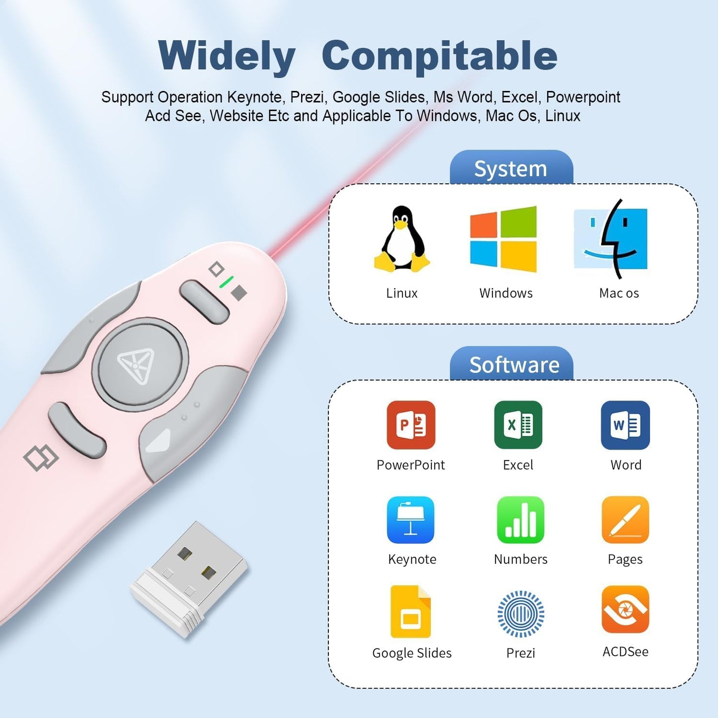 QUI Presentation Clicker Wireless Presenter Remote Clicker for PowerPoint Presentation Remote, PowerPoint Slide Advancer for Mac/Windows/Google Slide/Keynote, Pink, A