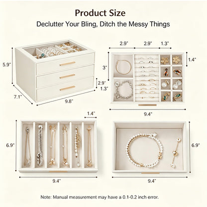 GUOER Jewelry Box for Women, Glass Lid Jewelry Organizer with 3 Drawers PU Jewelry Storage Case for Necklaces Rings Earrings Bracelets, Mother's Day, White