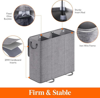Lifewit Triple Laundry Hamper with Lid and Removable Laundry Bags, Large Collapsible 3 Dividers Dirty Clothes Basket with Handles for Bedroom Laundry Room Closet Bathroom College, 185L Gray