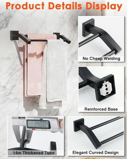 Alise Bath Double Towel Bars,16 Inch Towel Holder Towel Racks for Bathroom Useable Length 14.9 Inch,SUS304 Stainless Steel Towel Hanger Towel Rail Wall Mount,Matte Black