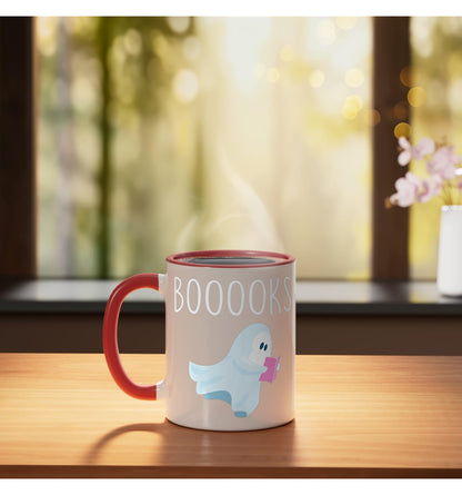 Cute Ghost Book Reading Halloween Teacher Costume Ceramic Mug, Red/White