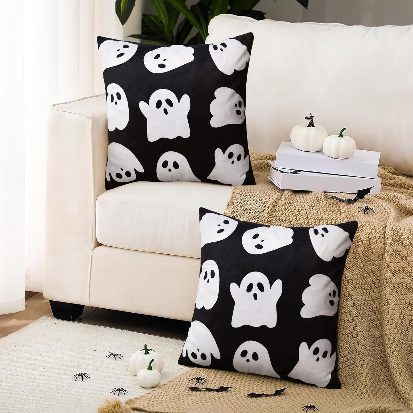 JASEN Halloween Ghost Pillow Covers 18x18 Inch Soft Faux Fur Decorative Pillowcases for Sofa Couch Bed Living Room Home Decor Set of 2