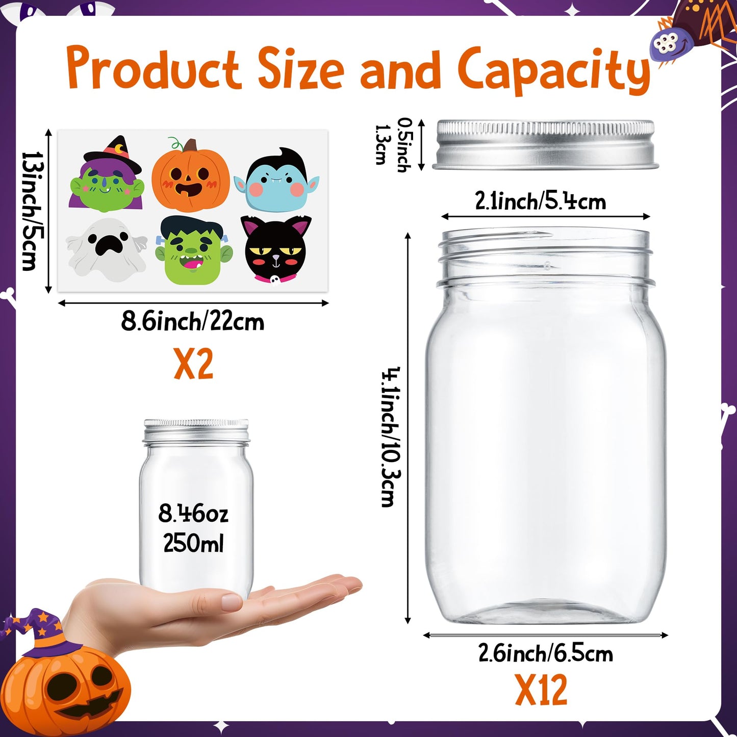JAPBOR Halloween Candy Jars Containers - 14PCS Halloween Small Plastic Cookie Candy Jar with Lid Pumpkin Ghost Sticker Decoration, DIY Sugar Storage Dish Craft, Party Favor Gift Bottle Decor