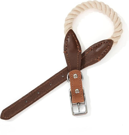 Mile High Life Genuine Leather Dog Collar, Durable Braided Cotton Rope Collar with Metal Pin Buckle for Small Medium Large Dogs (Beige, S Neck 11"-15")