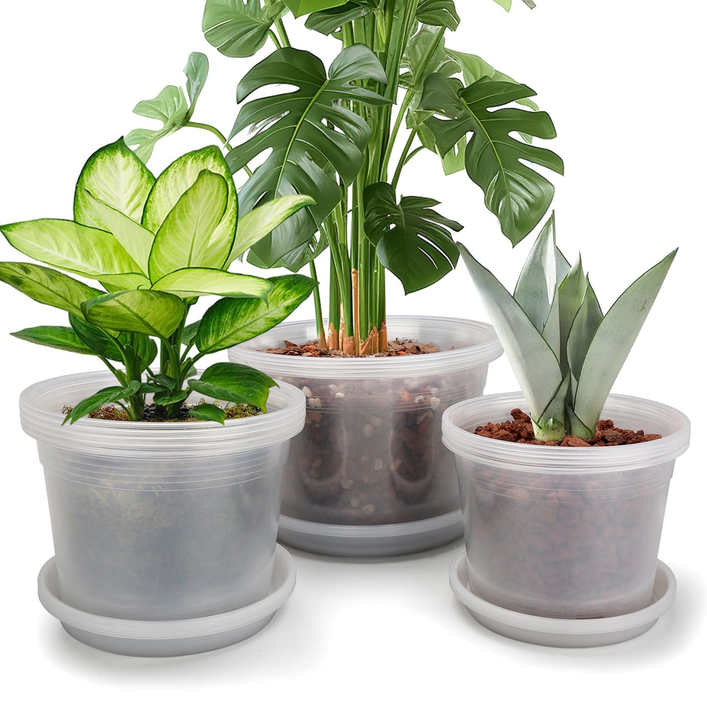 HKKZYT 8/10/12 Inch Clear Nursery Pots with Drainage and Sacuers, 15 Pack Plastic Pots for Plants Indoor Outdoor, Variety Large Clear Pots for Flowers, Succulents (8/10/12inx5pcs)