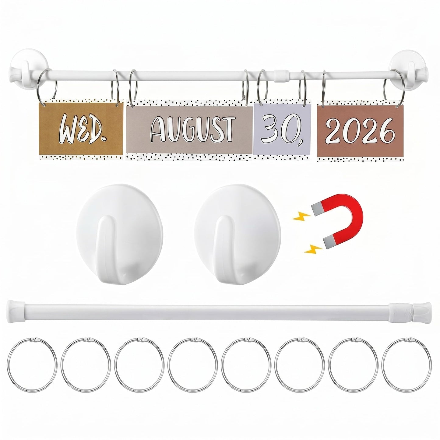 Chumia 16-29 Inches Magnetic Adjustable Calendar Holder Set Anchor Chart Date Cards Holder Flip Calendar Chart Rod for Office Whiteboard Crafts Home Decor Supplies (Round Hook,White)