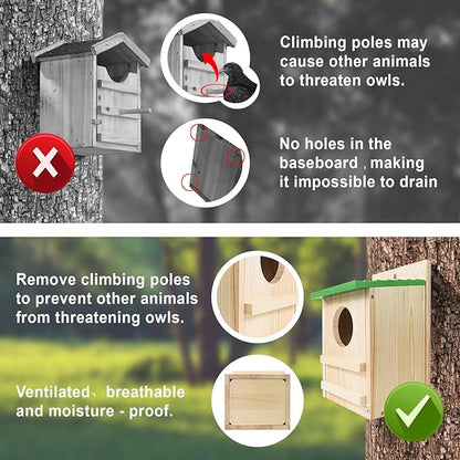 Screech Owl House, Owl Bird Box Large Handmade Wooden Circular Opening Screech Box for Outside with Mounting Screws and A Bag of Wood Shavings, Easy Assembly Required (Green, 9" x 14.5")