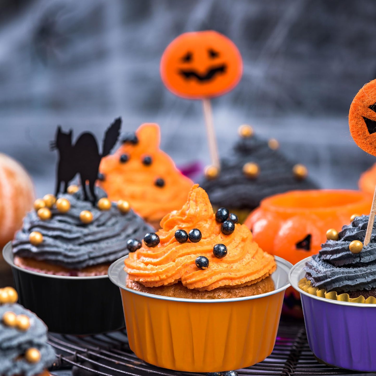 JarThenaAMCS 60Pcs Halloween Baking Cups with Lids Aluminum Foil Cupcake Holders Black Purple Orange Muffin Liners Wrappers Mini Cake Pans Ramekins Cups Dessert Containers for Party Supplies