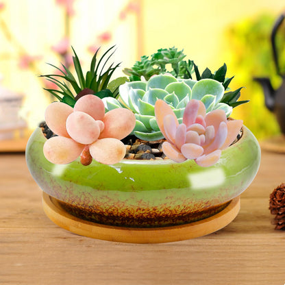 MDEOOSKY 6.14inch Round Pot with Dragon Hole, Ceramic Shallow Plant Pot Succulent Pots 18.5 * 5.8cm with Bamboo Mat