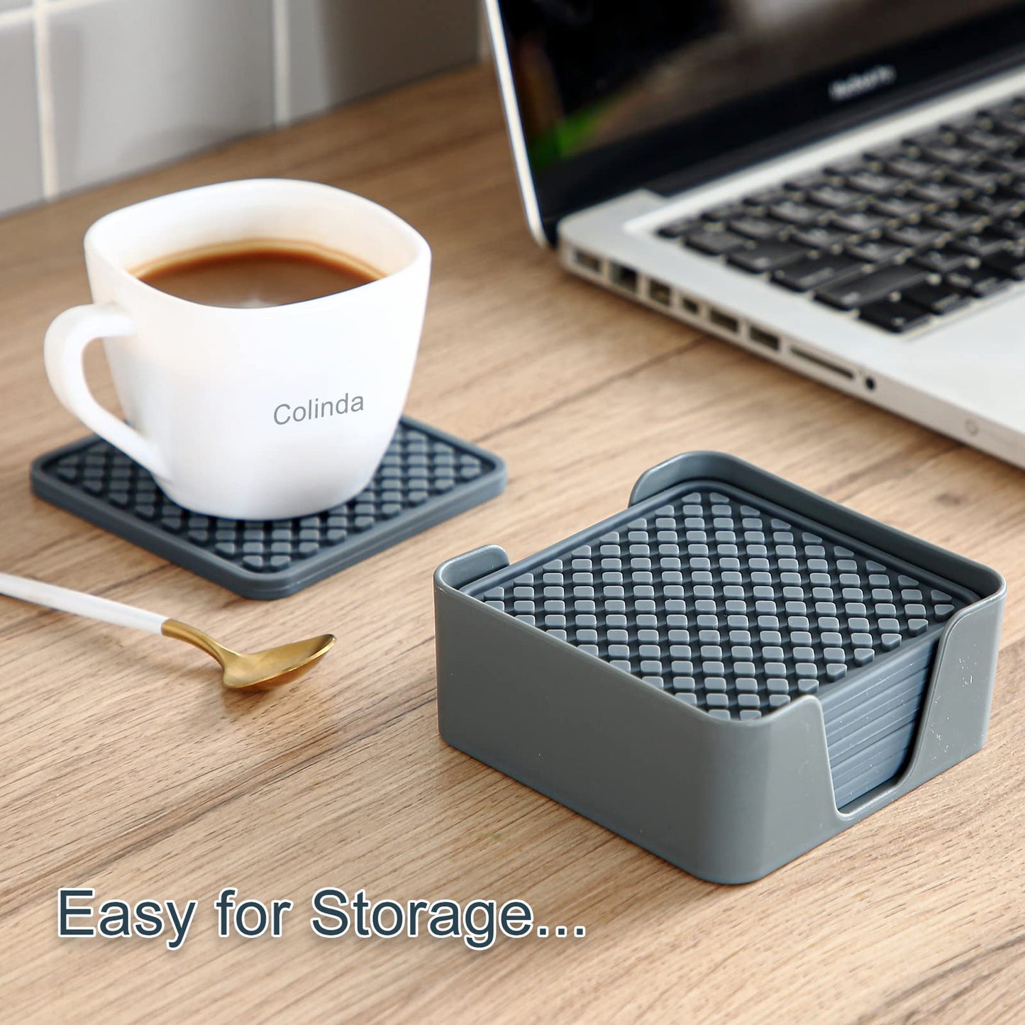 Colinda Silicone Drink Coasters with Holder, Set of 6, for Tabletop Protection and Office Desk, Cup Mat Set for Home Decor, Non-Slip and Non-Stick,Square, 4 Inch,Chocolate Brown