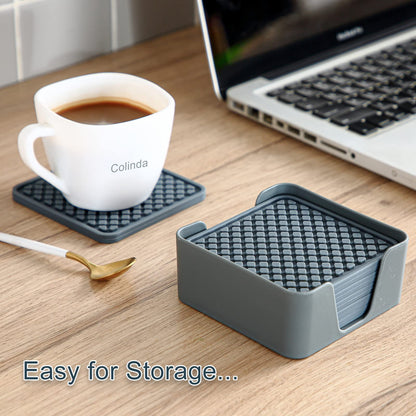 Colinda Silicone Drink Coasters with Holder, Set of 6, for Tabletop Protection and Office Desk, Cup Mat Set for Home Decor, Non-Slip and Non-Stick,Square, 4 Inch,Chocolate Brown