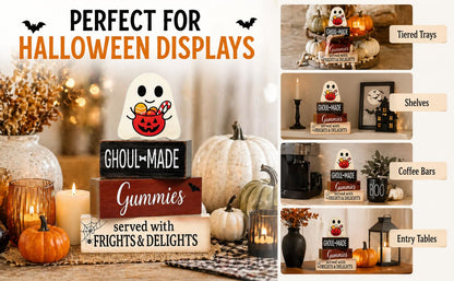 Halloween Tiered Tray Decor, Halloween Wood Block Signs with Cute Ghost and Candy Bucket, Rustic Farmhouse Halloween Decor Indoor, Halloween Tabletop Decorations for Shelf Mantel Coffee Entryway
