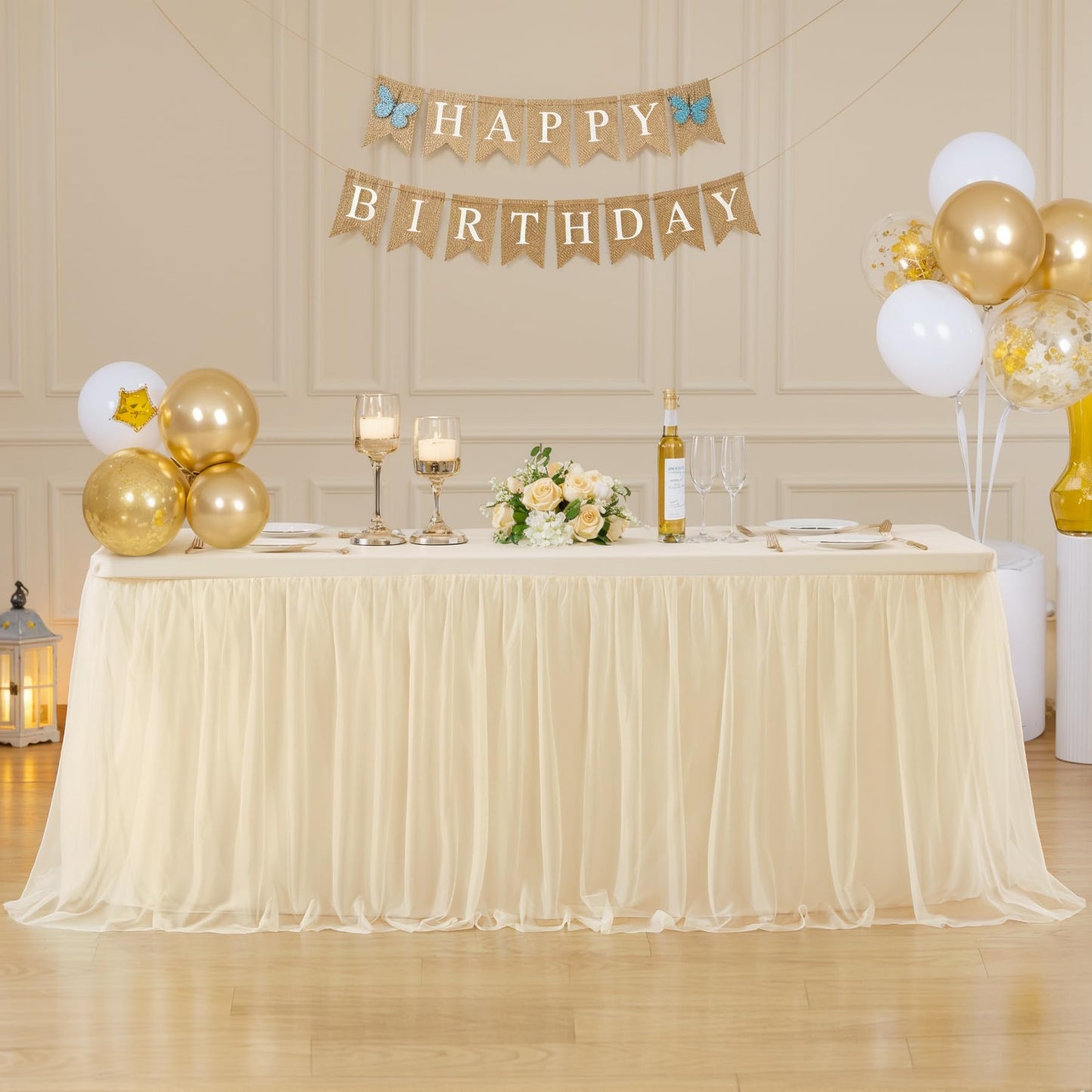 6ft Champagne Tulle Tablecloths for Rectangle Tables Stretch Rectangular Table Cloths Wrinkle Free 6 Foot Spandex Table Cover with Tutu Skirt for Wedding Birthday Party Banquet Buffet Cake Desk Skirt