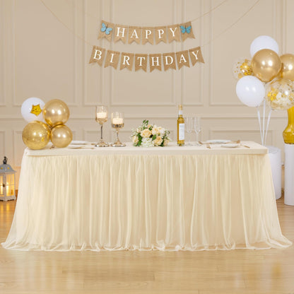 6ft Champagne Tulle Tablecloths for Rectangle Tables Stretch Rectangular Table Cloths Wrinkle Free 6 Foot Spandex Table Cover with Tutu Skirt for Wedding Birthday Party Banquet Buffet Cake Desk Skirt