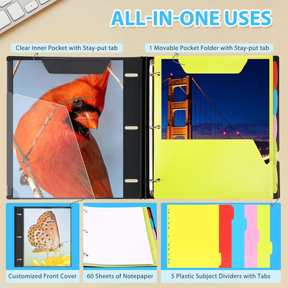 WOT I 1-Pack Telescoping 3 Ring Binder Notebook - Customizable Cover, 5 Dividers & Pocket Folder in One Slim Organizer (60 Sheets Included), Black