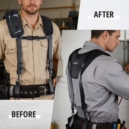 MELOTOUGH Oil Tanned Leather Padded Tool Belt Suspenders for Men,Carpenter Tool Bag Suspenders- Heavy Duty & Padded Support w/Adjustable Chest Strap,Electrical Worker,Gifts for Men,Black