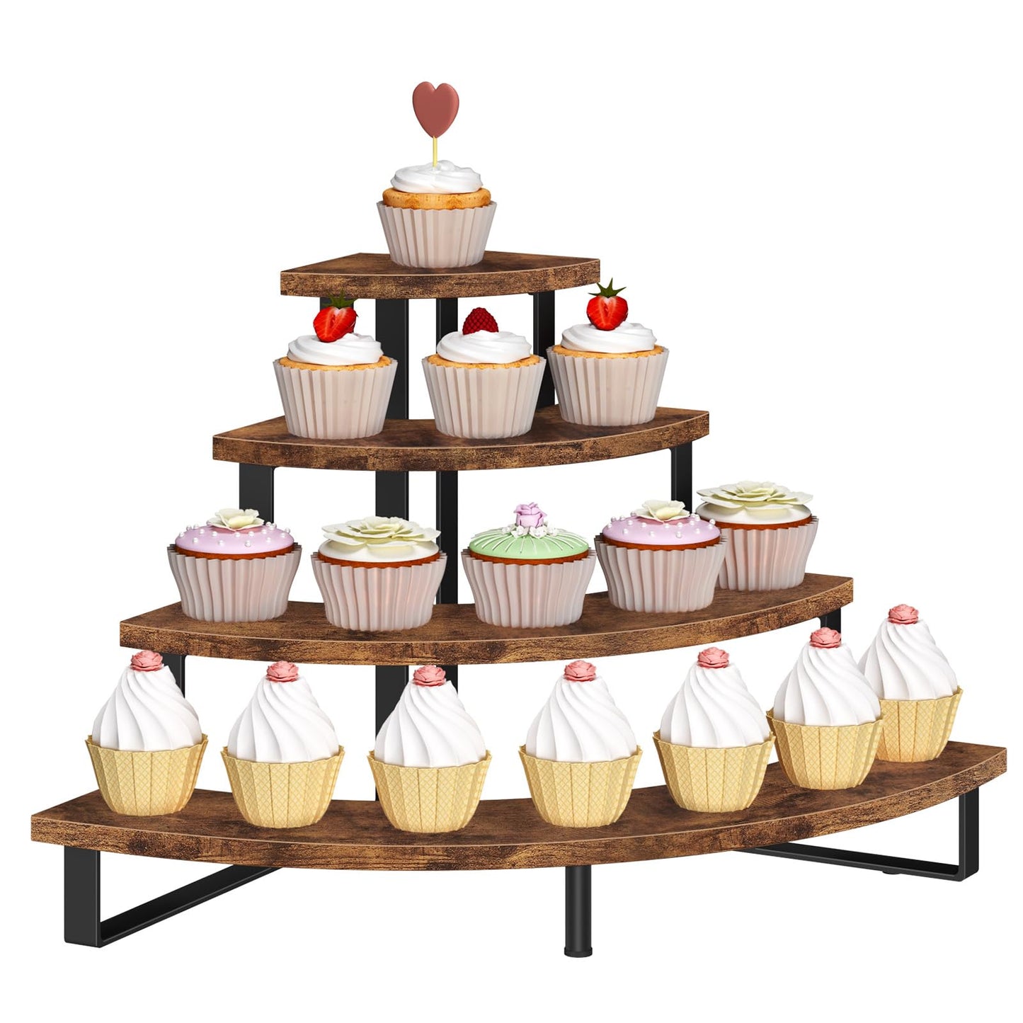 ELITEROO Cupcake Tier Stand, Wooden Cup Cake Stand Stairs, 4 Tier Dessert Table Display Set for Cookie Cocktail Candy Donut, Display Riser for Vendors Craft Show, Rustic Brown Curved Corner