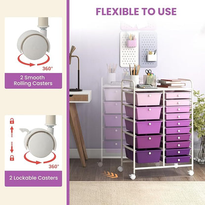 GOFLAME 15-Drawer Rolling Storage Cart, Craft Storage Cart with Removable Drawers & Lockable Wheels, Art Cart Supply Storage Organizer for Home Office Classroom, Purple Gradient