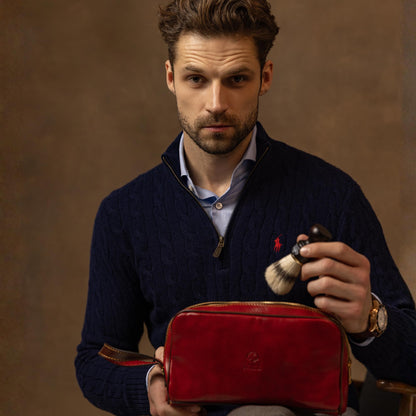 Time Resistance Leather Cosmetic Bag - Italian Toiletry Dopp Kit (Red)