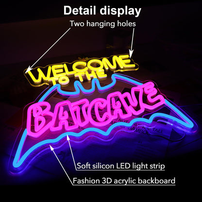 Bat Cave Neon Sign for Wall Decor - Dimmable LED Neon Light for Man Cave, Gamer Room, Bedroom, Dorm - Cool Hero Inspired Wall Art & Gift - 16.5 x 11 Inches, USB Powered