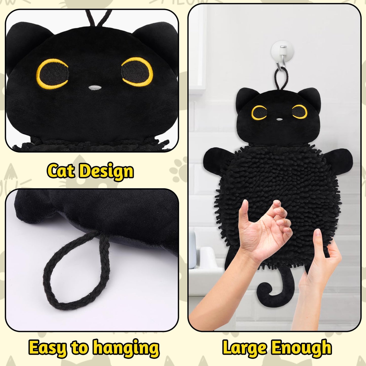 JEROKUMI Cat Hand Towel - Kitchen Towels with Hanging Loops Super Absorbent Chenille Hand Face Bath Towel, Cat Gifts for Women, Funny Towel Kitchen & Bathroom Decor (8x18 Inch)