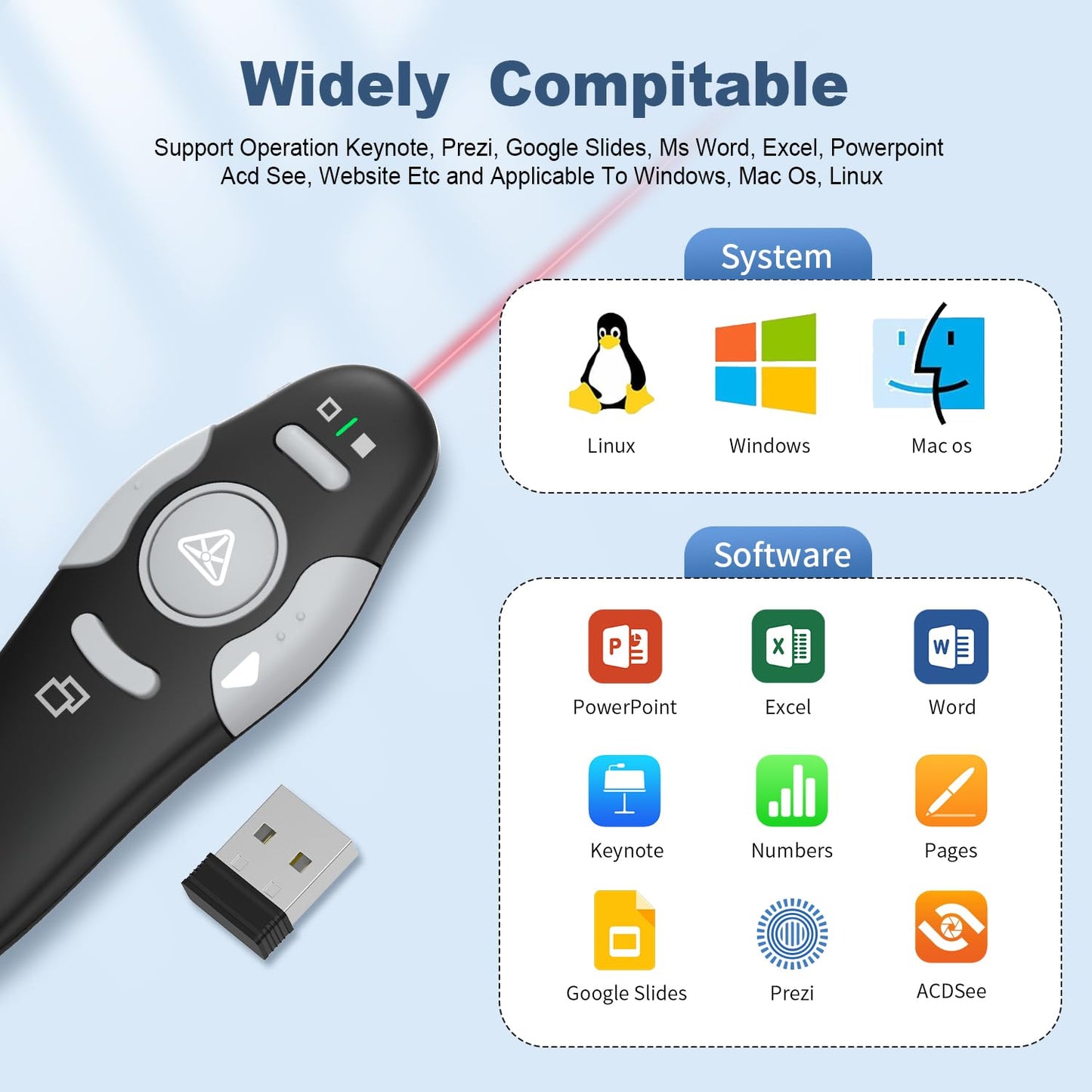 QUI 2 Pack Presentation Clicker, Wireless Presenter Remote Clicker for PowerPoint, Slide Advancer for Mac, Windows, Google Slide, Keynote (USB, Black Blue)