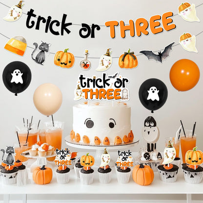 Halloween 3rd Birthday Decoraions Trick or THREE Banner Garland Halloween 3rd Birthday Cake Topper Cupcake Toppers Balloons for Girls Boys Third Bday Party Supplies